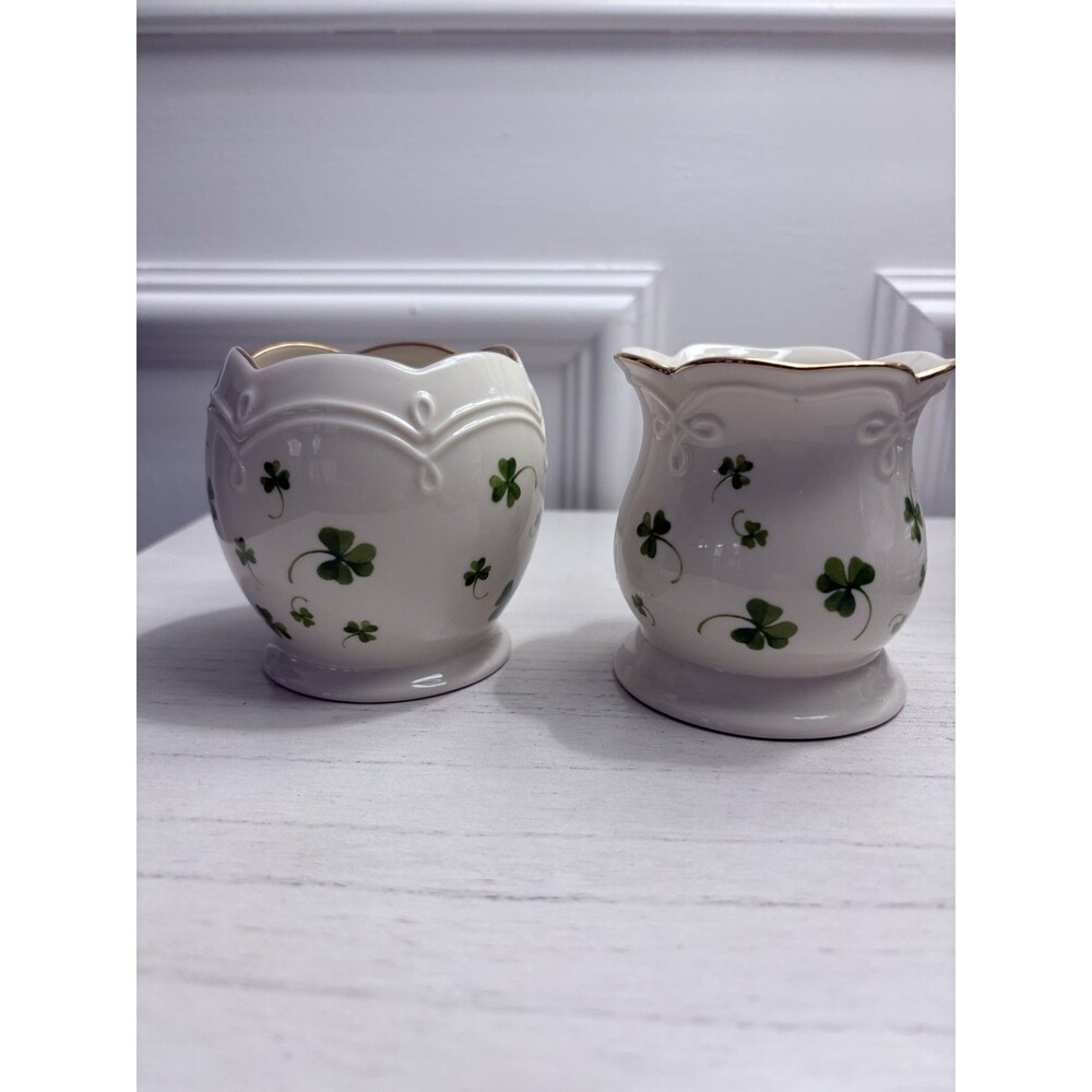 Set Of 2 - Lenox Shamrock Votive / Vase – Green Clover Pattern – Collectible EUC